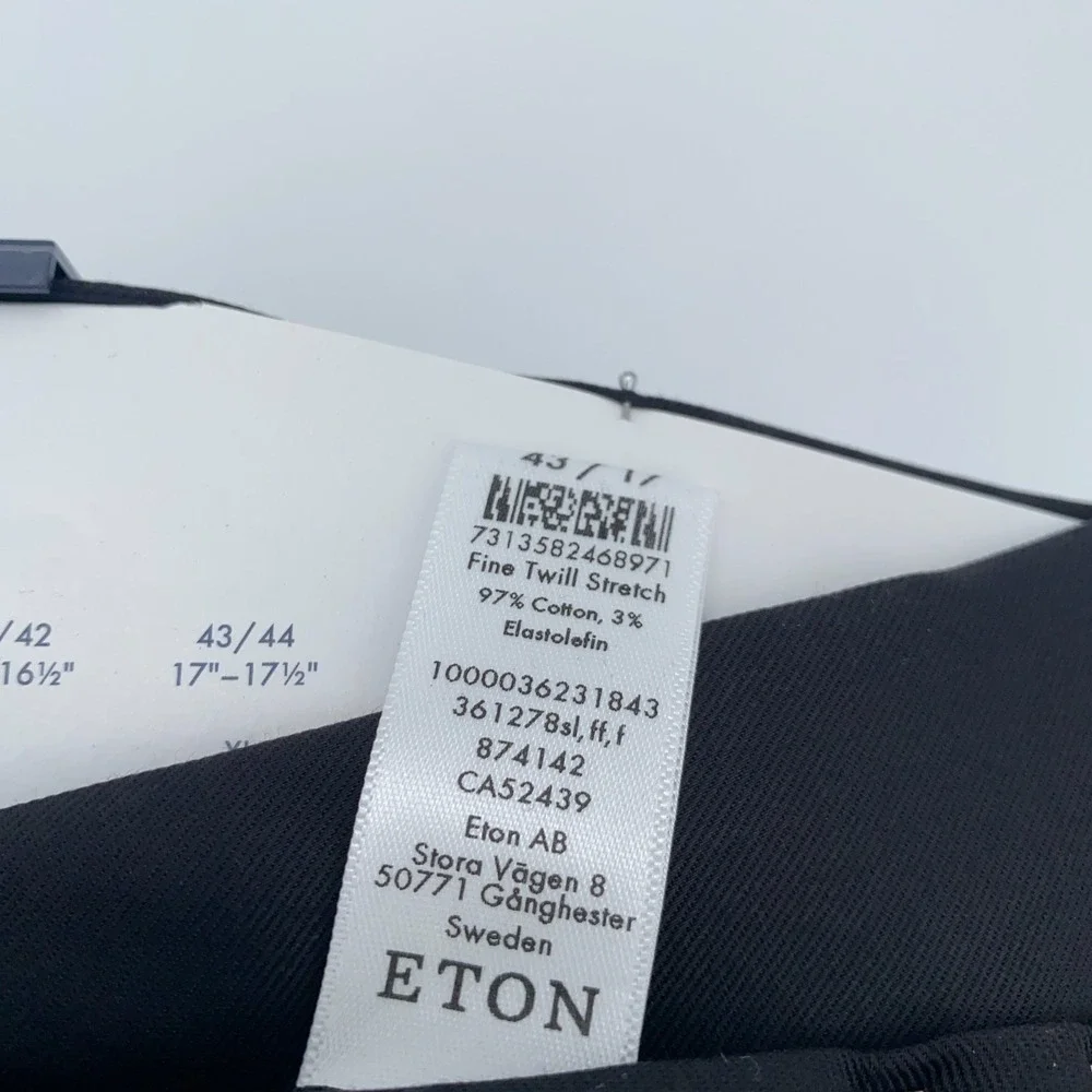 Eton Dress Shirt Mens XL 17 - 43 Black Fine Twill‎ Stretch Slim Collar Button Up